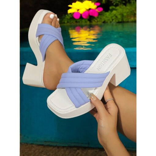 Women's White Platform Slide Sandals with Cross-Strap Design and Block Heel – Trendy and Comfortable for Summer or Casual Outings 2025 - Image 3