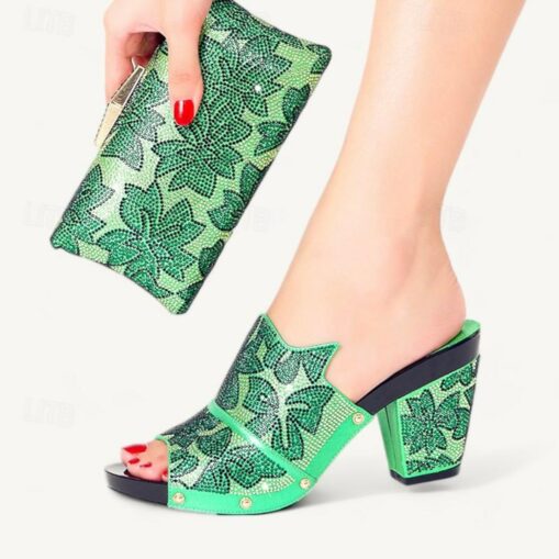 Women's Heels Wedding Shoes Party Bridal Shoes Shoes And Bags Matching Sets Rhinestone Crystal Platform Chunky Heel Peep Toe Elegant Microbial Leather - Image 4