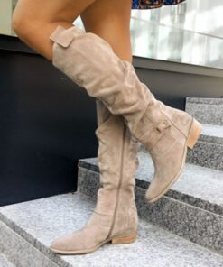Women's Slouchy Suede Knee-High Boots with Buckle - Casual Flat Heel for Everyday & Fall Fashion 2025