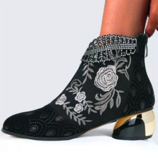 Women's Rhinestone Embellished Floral Jacquard Ankle Boots - Elegant Blue Velvet Heels for Evening Events 2025 - Image 3