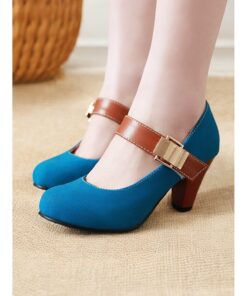 Women's Blue Faux Suede Mary Jane Pumps with Brown Strap – Vintage Chunky Heel Dress Shoes for Office and Formal Events 2025