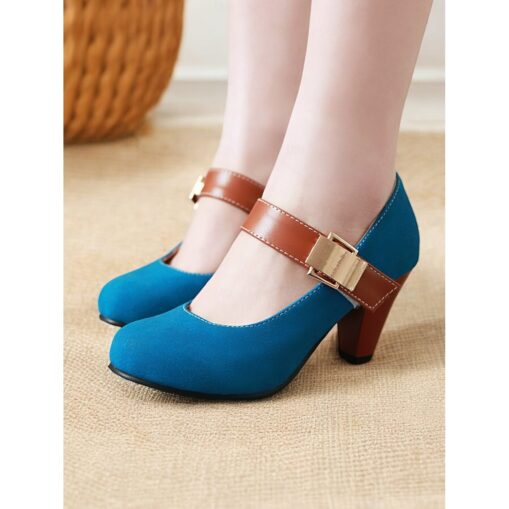 Women's Blue Faux Suede Mary Jane Pumps with Brown Strap – Vintage Chunky Heel Dress Shoes for Office and Formal Events 2025