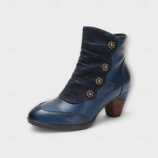 Women's Vintage Red Leather Ankle Boots – Premium Cowhide with Floral Button Accents and Chunky Heel for Retro Style and Everyday Wear 2025 - Image 3