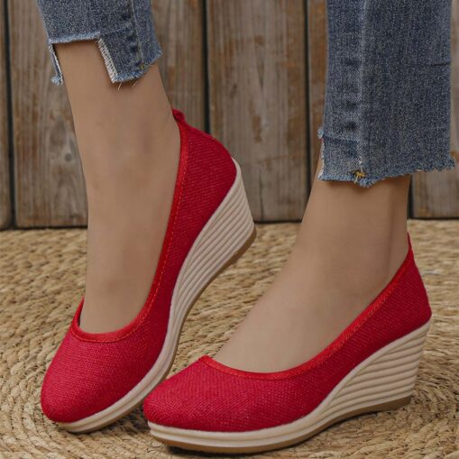 Women's Beige Woven Fabric Wedge Shoes – Comfortable Slip-On Platform Heels for Casual Summer and Daily Wear 2025 - Image 3