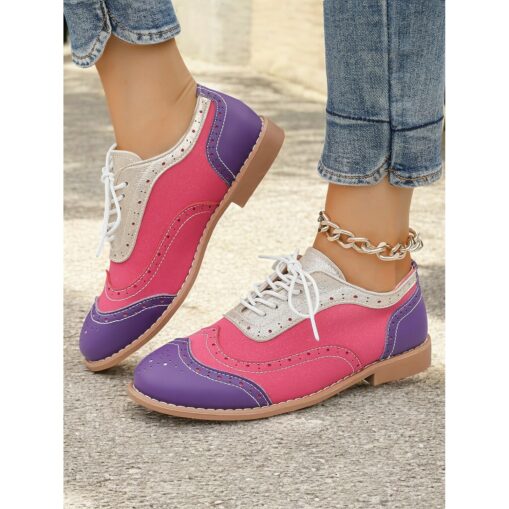 Women's Multicolor Oxford Shoes, Retro Wingtip Design with Green, Pink, and Purple Panels, Casual Lace-Up Brogues for Fashion and Daily Wear 2025 - Image 5