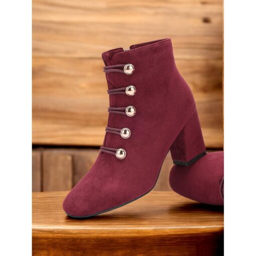Women's Burgundy Ankle Boots – Suede Block Heel with Gold Button Embellishments, Lace-Up Design, Perfect for Autumn and Winter Outfits 2025