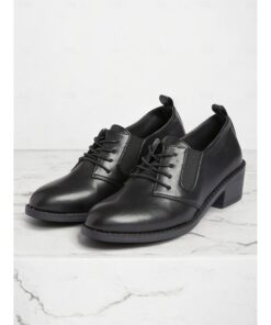 Women's Black Faux Leather Lace-Up Oxford Shoes with Low Block Heel - Classic Formal Shoes for Office and Everyday Wear 2025