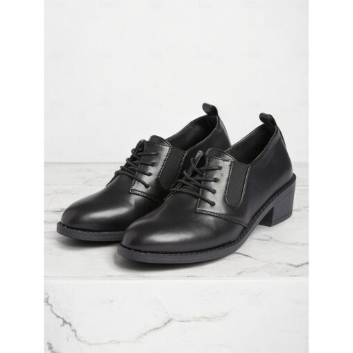 Women's Black Faux Leather Lace-Up Oxford Shoes with Low Block Heel - Classic Formal Shoes for Office and Everyday Wear 2025