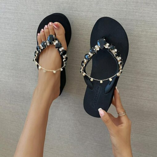 Women's Pink Rhinestone-Embellished Wedge Flip-Flops - Stylish Beach Sandals for Summer and Casual Wear 2025 - Image 3