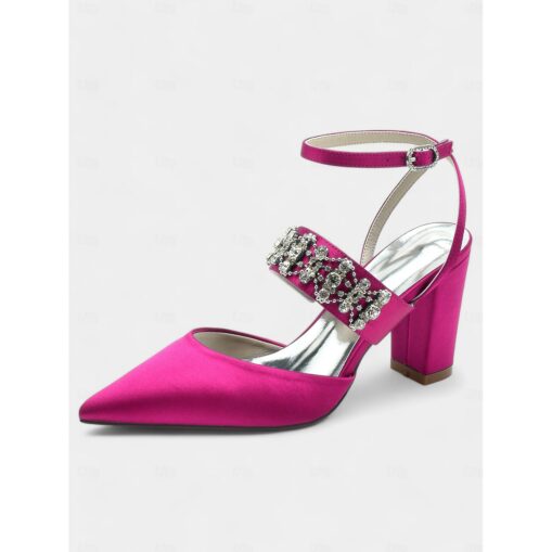 Women's Black Satin Pointed Toe Heels – Rhinestone Embellished Ankle Strap Chunky Heels for Evening Parties and Weddings 2025 - Image 5