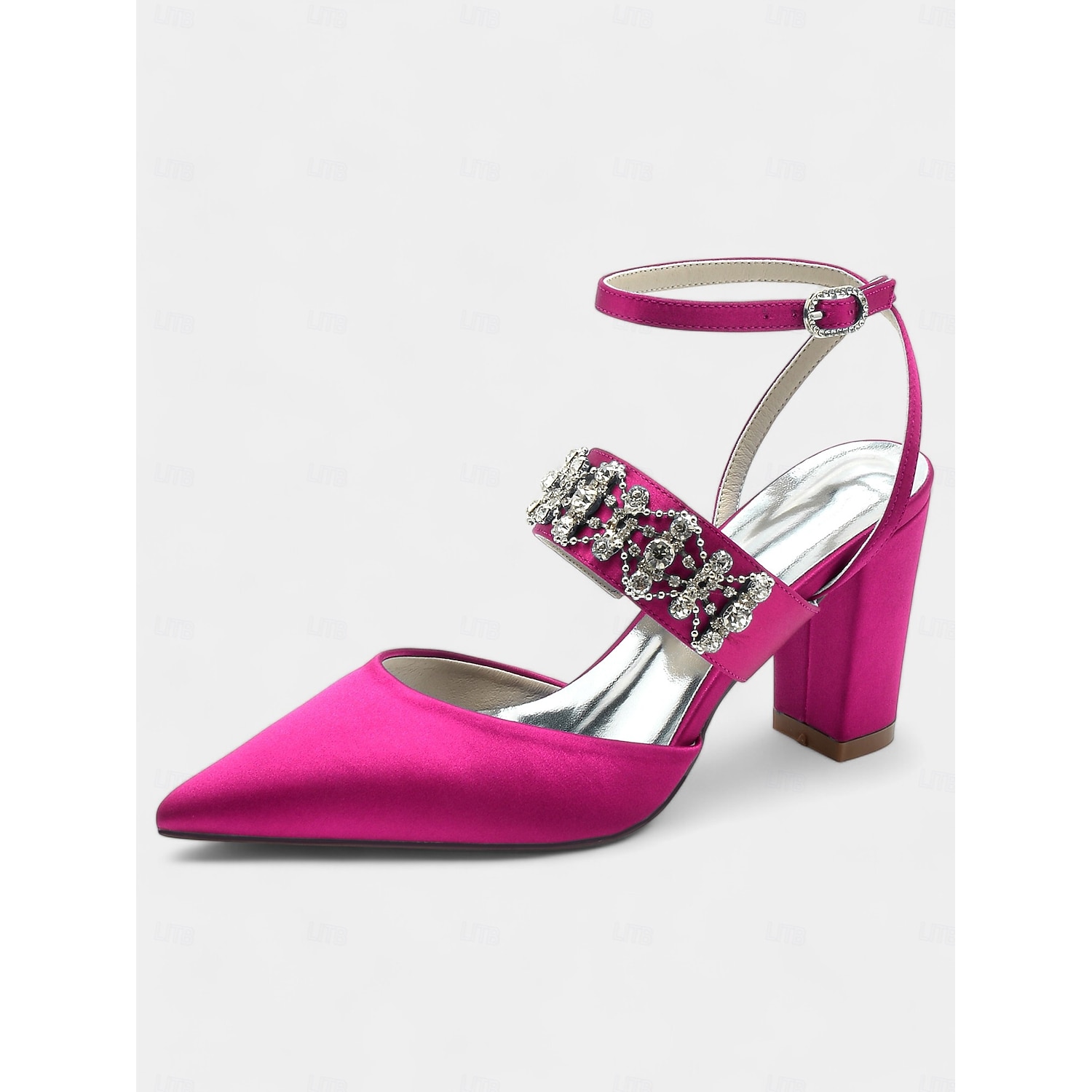 Women's Black Satin Pointed Toe Heels – Rhinestone Embellished Ankle Strap Chunky Heels for Evening Parties and Weddings 2025 - Image 5