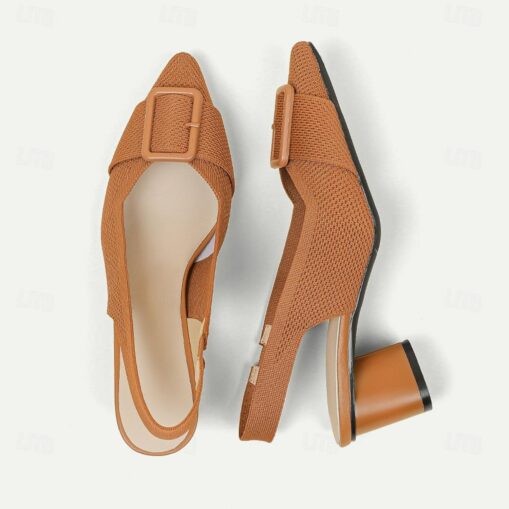 Women's Heels Plus Size Flyknit Shoes Wedding Outdoor Office Striped Buckle Block Heel Pointed Toe Fashion Classic Comfort Walking Knit Loafer Almond