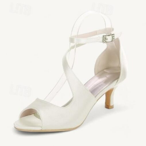 Women's Wedding Shoes Bridal Shoes Buckle Kitten Heel Open Toe Minimalism Satin Ankle Strap Black White Ivory 2025 - Image 8