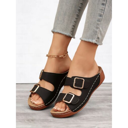 Women's Dark Blue Double Buckle Slip-On Sandals with Cushioned Sole, Casual Summer Shoes for Beach and Everyday Wear 2025 - Image 6