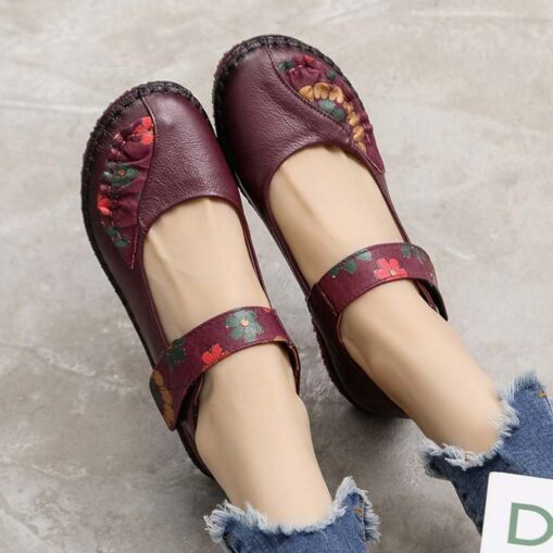 Women's Red Leather Barefoot Mary Jane Flats – Embroidered Floral Casual Comfort Shoes with Hook & Loop Straps 2025 - Image 5