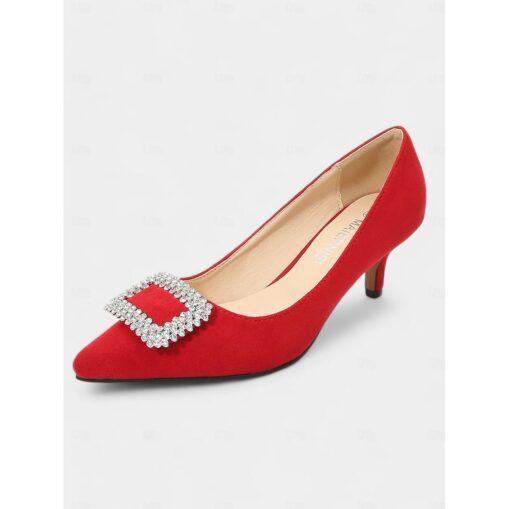 Women's Green Suede Kitten Heel Pumps with Rhinestone Buckle – Chic Pointed-Toe Dress Shoes for Formal Events and Special Occasions 2025 - Image 2
