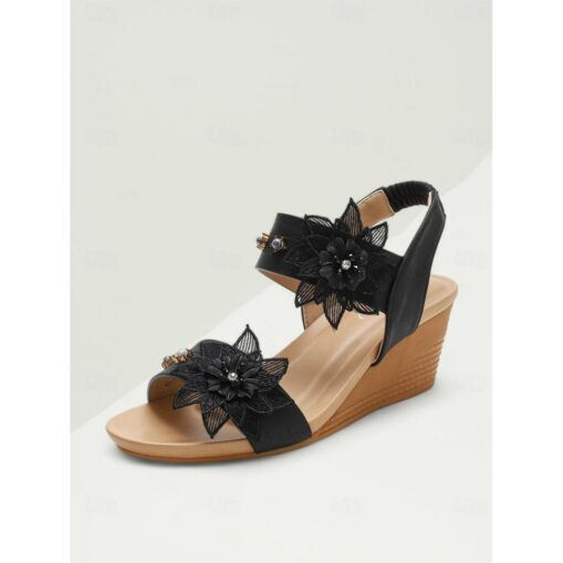 Women's Floral Embellished Wedge Sandals - Elegant Summer Heels with Ankle Strap 2025 - Image 3