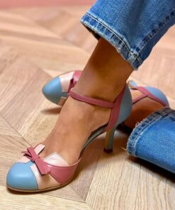 Women's Retro Two-Tone High Heel Pumps – Pink and Blue Bow Detail Ankle Strap, Perfect for Vintage-Inspired Outfits and Casual Chic Looks 2025