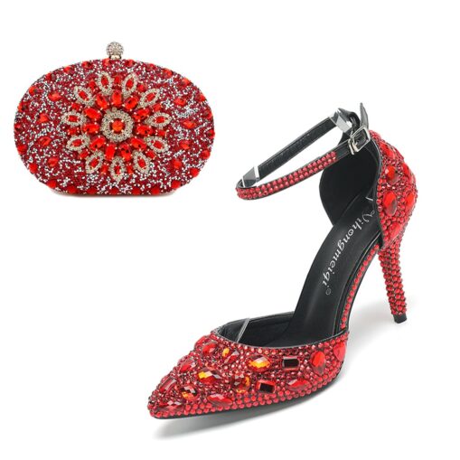 Women's Pink Rhinestone High Heel Bridal Shoes with Matching Clutch Bag – Glamorous Wedding and Party Shoes Set 2025 - Image 9