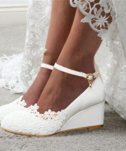 Women's White Lace Wedge Wedding Shoes – Elegant Floral Embroidery with Ankle Strap for Brides and Special Occasions 2025
