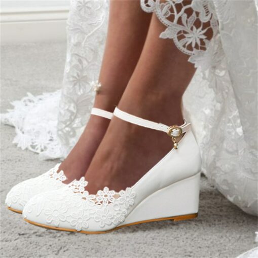 Women's White Lace Wedge Wedding Shoes – Elegant Floral Embroidery with Ankle Strap for Brides and Special Occasions 2025