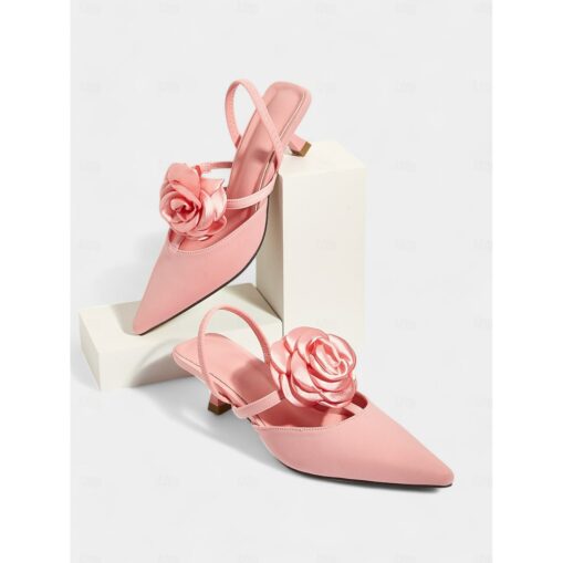 Women's Purple Satin Slingback Wedding Shoes with Rose Flower Detail, Pointed Toe, and Kitten Heel – Elegant Bridal Heels for Weddings and Formal Eve - Image 3