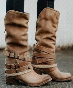 Women's Brown Faux Leather Mid-Calf Boots – Buckled Straps & Rustic Rope Detailing, Vintage Style Western Boots for Casual & Outdoor Wear 2025