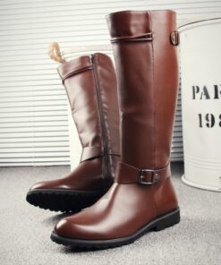 Men's Brown Knee-High Riding Boots – Faux Leather with Buckle Detail and Zipper Closure for Casual and Equestrian Style 2025