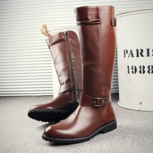 Men's Brown Knee-High Riding Boots – Faux Leather with Buckle Detail and Zipper Closure for Casual and Equestrian Style 2025