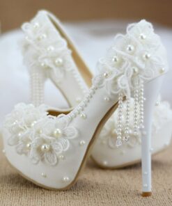 Women's White Wedding Platform Heels with Lace Floral Appliqué and Pearl Bead Details – Elegant Bridal Shoes for Special Occasions 2025