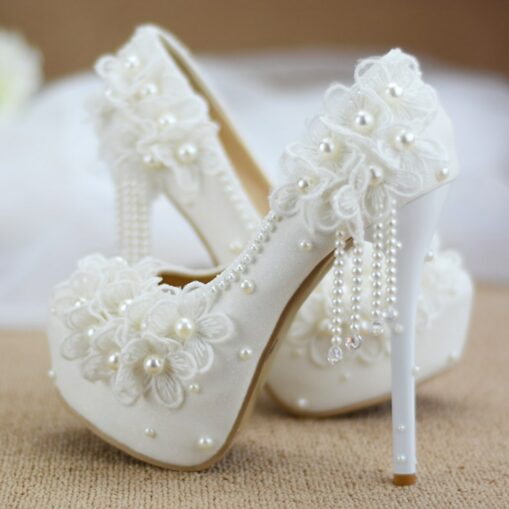 Women's White Wedding Platform Heels with Lace Floral Appliqué and Pearl Bead Details – Elegant Bridal Shoes for Special Occasions 2025