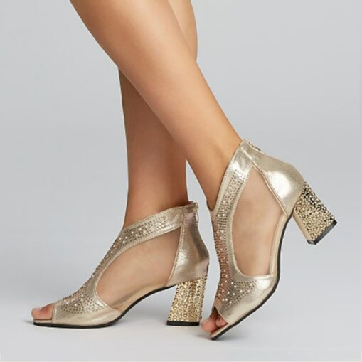 Women's Elegant Gold Glitter Heeled Sandals with Peep Toe and Chunky Heel for Wedding and Evening Events 2025