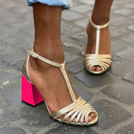 Women's Green and Pink Block Heel Sandals – Bold Two-Tone T-Strap Open-Toe Heels for Parties and Special Occasions 2025 - Image 3