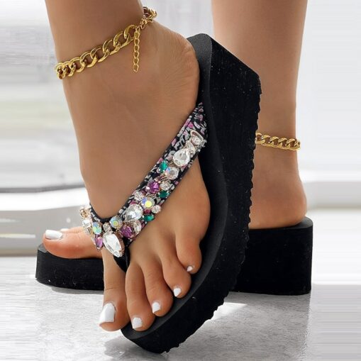 Women's Rhinestone Embellished Platform Flip Flop Sandals with Wedge Heel - Sparkly Summer Shoes for Beach and Casual Outings 2025