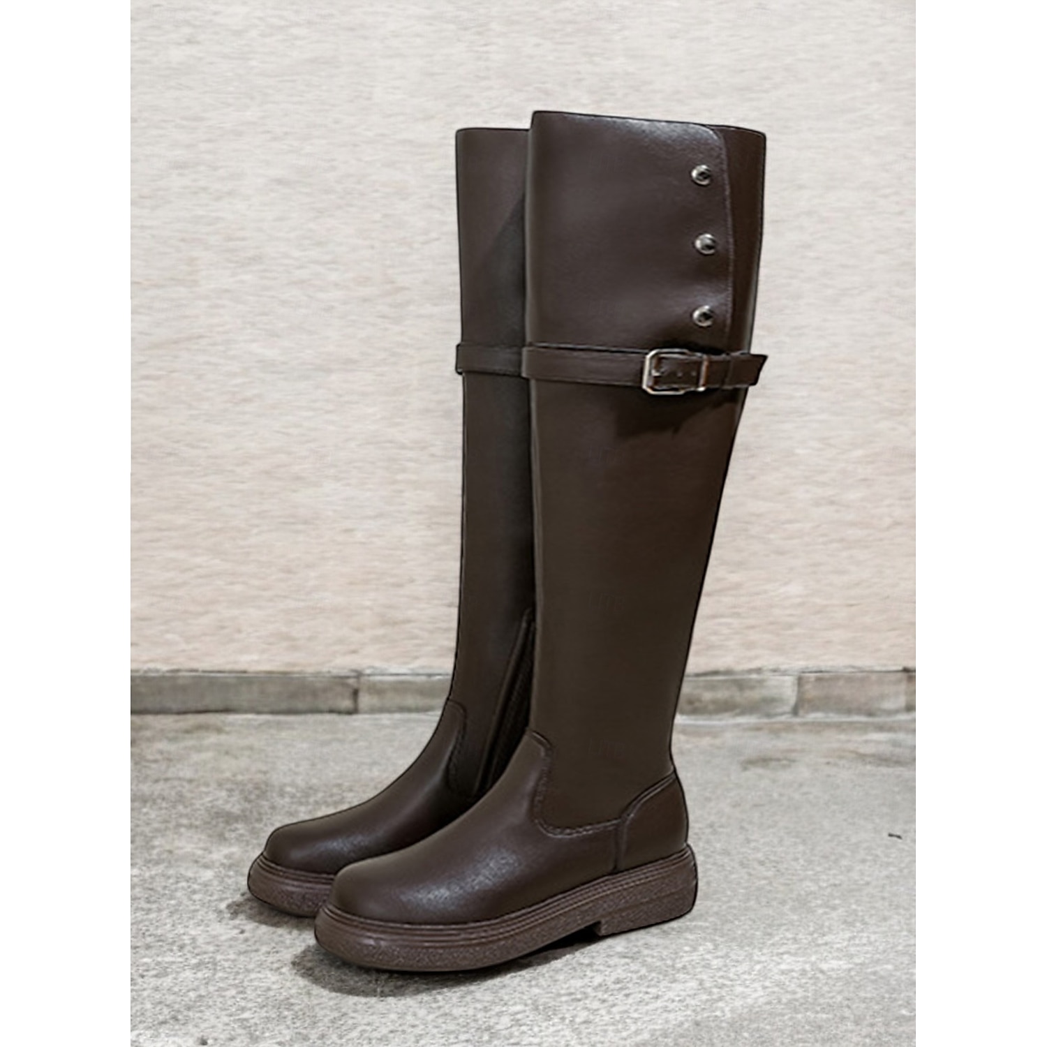 Women's Extra Wide Calf Black Knee-High Boots with Buckle Strap and Side Zipper – Comfortable Fit for Everyday and Casual Outfits 2025 - Image 2