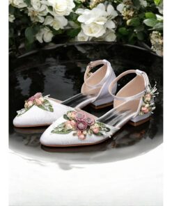 Women's White Floral Flat Wedding Shoes with Ankle Strap - Elegant Bridal Shoes for Weddings and Garden Ceremonies 2025
