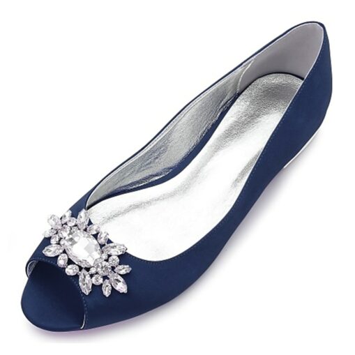 Women's Navy Blue Peep-Toe Flats with Rhinestone Embellishments – Elegant Satin Shoes for Weddings, Parties, and Formal Events 2025