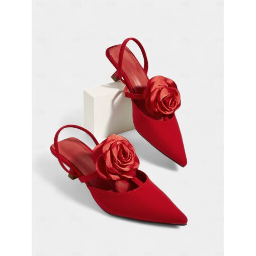 Women's Purple Satin Slingback Wedding Shoes with Rose Flower Detail, Pointed Toe, and Kitten Heel – Elegant Bridal Heels for Weddings and Formal Eve - Image 4