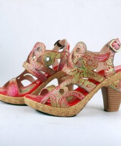 Women's Heels Sandals Handmade Shoes Vintage Shoes Party Daily Beach Floral Cone Heel Fantasy Heel Elegant Bohemia Vintage Leather Buckle Red Blue Bro