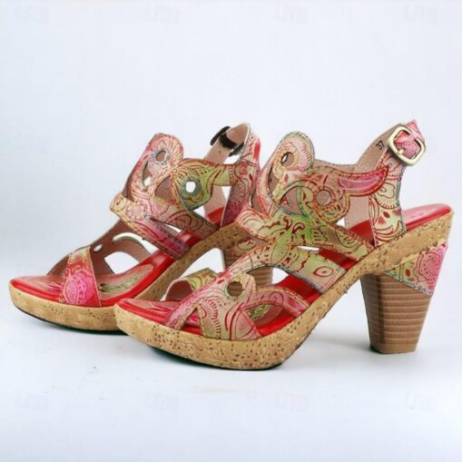 Women's Heels Sandals Handmade Shoes Vintage Shoes Party Daily Beach Floral Cone Heel Fantasy Heel Elegant Bohemia Vintage Leather Buckle Red Blue Bro