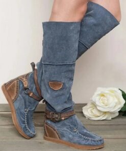 Women's Suede Knee-High Boots with Wedge Heel and Buckle Strap - Bohemian Style Casual Boots in Denim Blue 2025