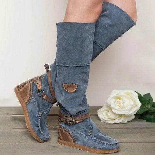 Women's Suede Knee-High Boots with Wedge Heel and Buckle Strap - Bohemian Style Casual Boots in Denim Blue 2025