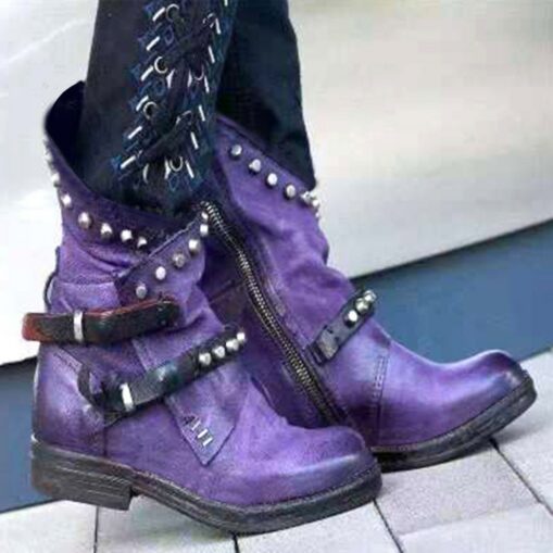 Women's Purple Studded Ankle Boots with Side Zipper and Buckle Straps, Punk Rock Style Footwear for Bold Fashion Statements 2025