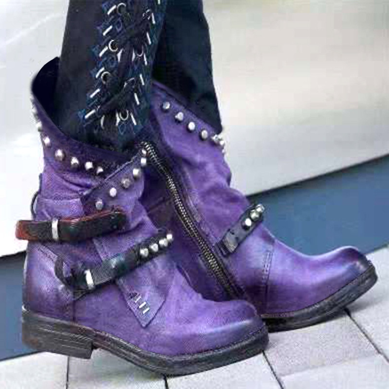 Women's Purple Studded Ankle Boots with Side Zipper and Buckle Straps, Punk Rock Style Footwear for Bold Fashion Statements 2025