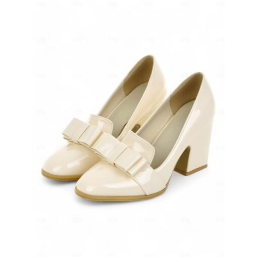 Women's Patent Leather Chunky Heel Pumps with Bow Accent – Elegant and Versatile Office Shoes 2025 - Image 3