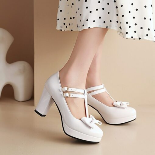 Women's Heels Pumps Valentines Gifts Dress Shoes Mary Jane Daily Solid Colored Bowknot Buckle Low Heel Chunky Heel Round Toe Elegant Minimalism PU Lea - Image 5