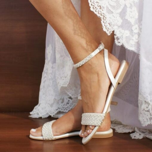 Women's Ivory Rhinestone Wedding Sandals - Elegant Bridal Flats with Ankle Strap for Special Occasions 2025
