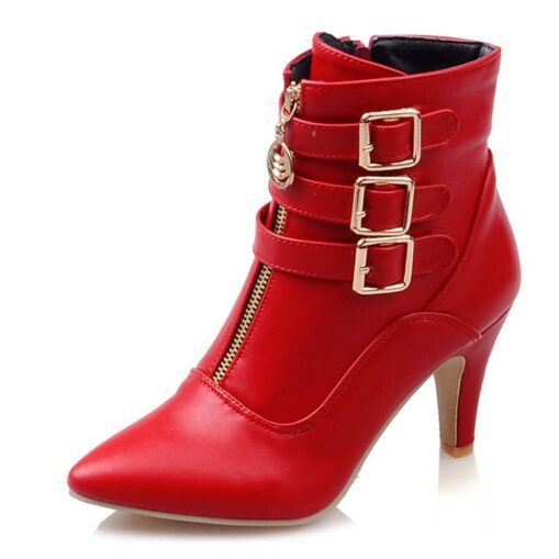 Women's Fashion High Heel Ankle Boots with Buckles and Zipper – Stylish Faux Leather Stiletto Boots for Fall and Winter 2025 - Image 3