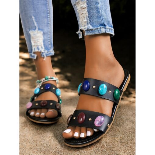 Women's Bohemian Flat Sandals with Colorful Gemstone Embellishments – Stylish and Comfortable for Beach or Casual Summer Wear 2025 - Image 2