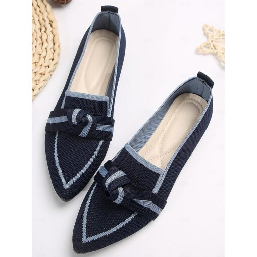 Women's Blue Knit Pointed Toe Flats with Bow – Comfortable Slip-On Loafers for Casual and Everyday Wear 2025 - Image 3